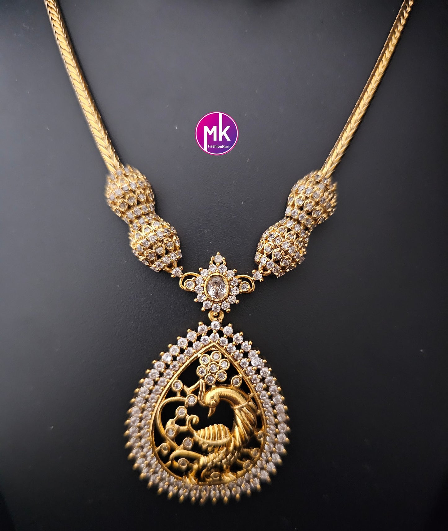 Peacock Premium Matte gold finish AD stone necklace with matching Big Earrings - Traditional Jewelry - Mk Fashionkart