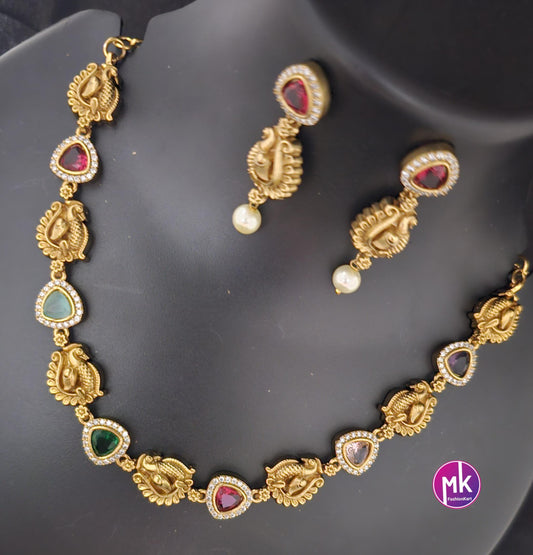 Peacock Design matte gold polish multi-color/Green stone Necklace with matching Earrings - Gold Jewelry Replica - MK Fashionkart