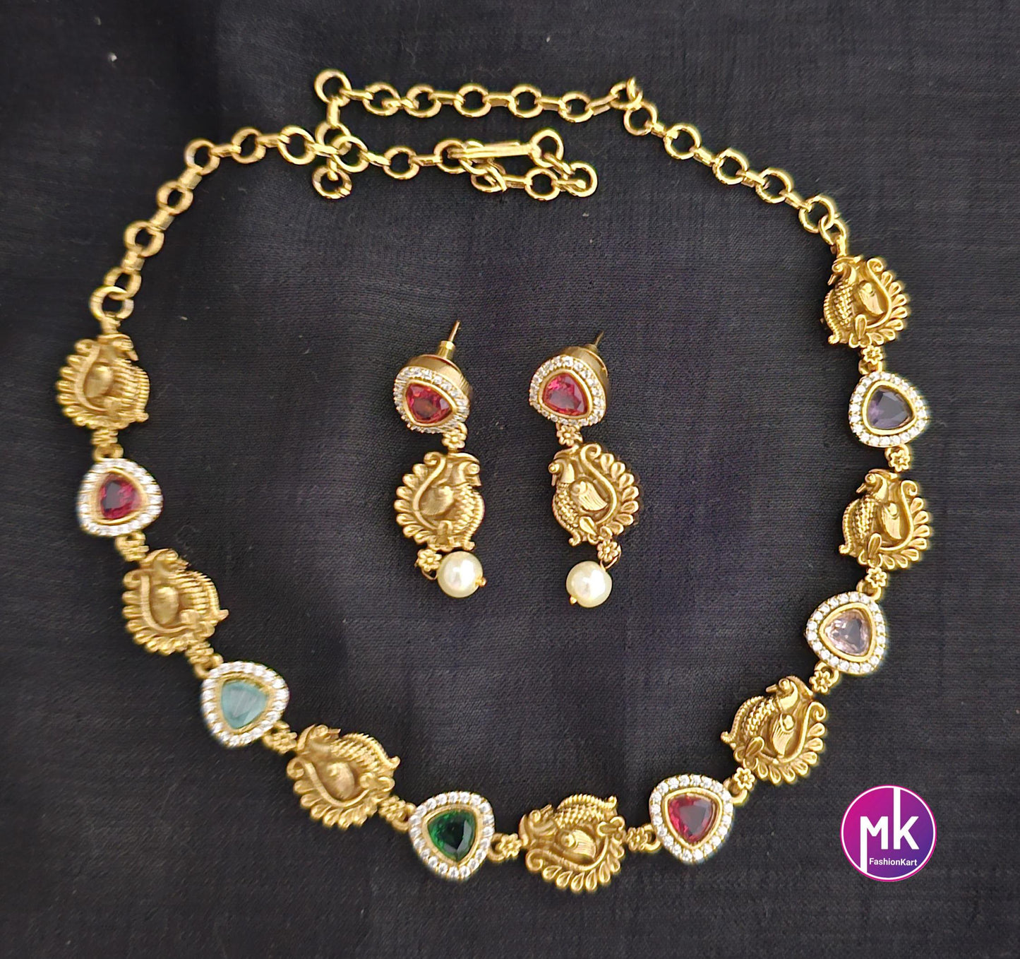 Peacock Design matte gold polish multi-color/Green stone Necklace with matching Earrings - Gold Jewelry Replica - MK Fashionkart