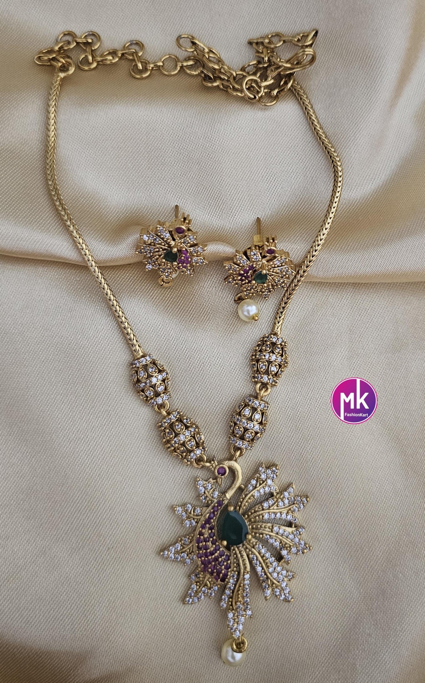 Premium quality peacock design Multi-color AD stones Necklace with cute Earrings with hanging pearls - Fashion Jewelry - MK Fashionkart