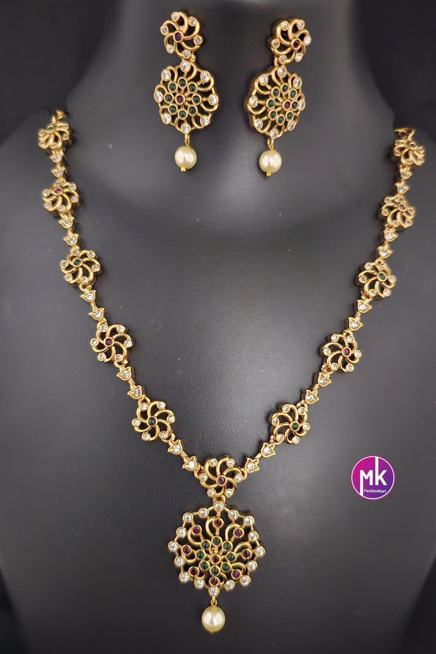 Premium quality Gold finish Flower design Multi-color AD stones Necklace with cute Earrings with pearl hangings - MK Fashionkart