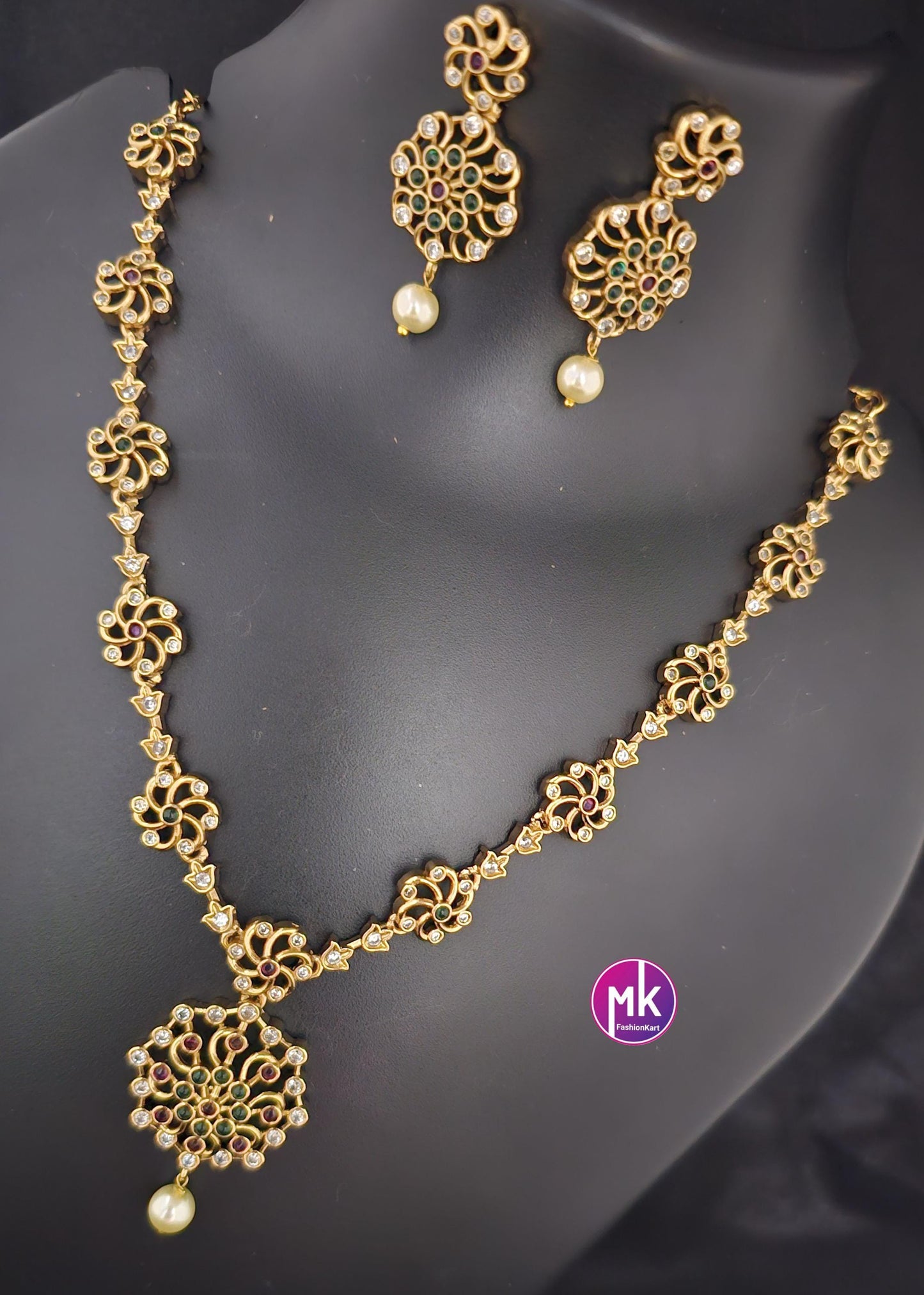 Premium quality Gold finish Flower design Multi-color AD stones Necklace with cute Earrings with pearl hangings - MK Fashionkart