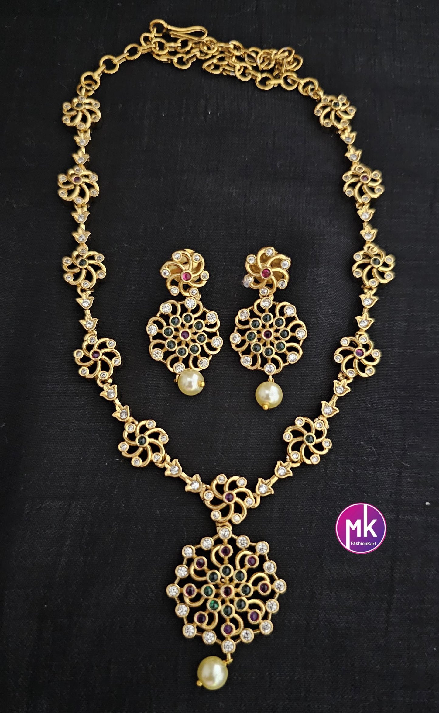 Premium quality Gold finish Flower design Multi-color AD stones Necklace with cute Earrings with pearl hangings - MK Fashionkart