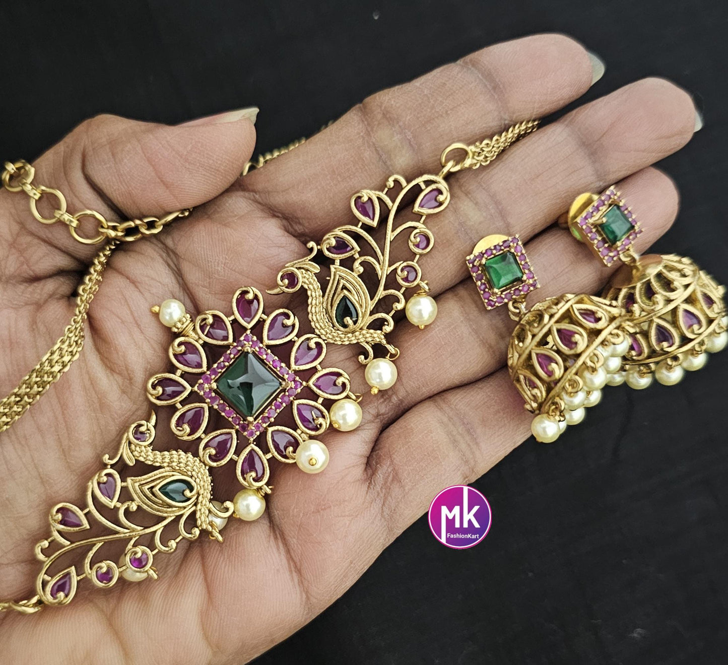 Premium quality Gold finish AD multi-color stone Choker cum Necklace with Earrings - MK Fashionkart - Fashion Jewelry