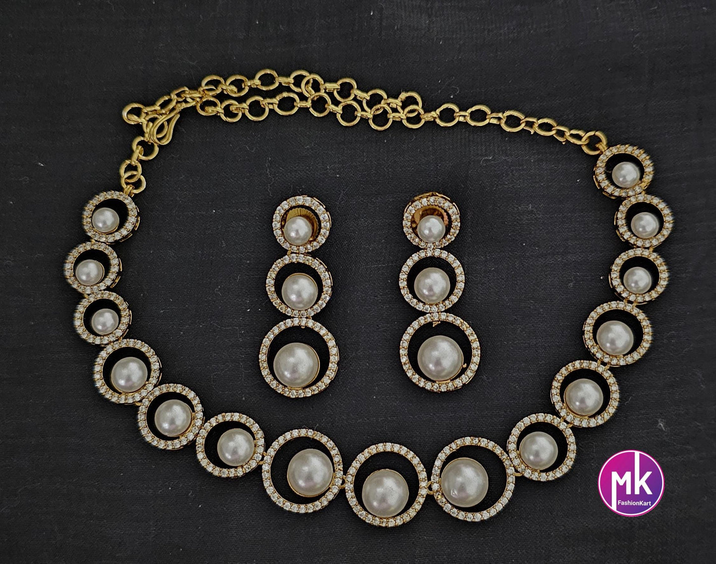 Celebrity Style Pearl with American Diamond Premium polish Gold finish Necklace w long matching Earrings - Bridal Necklace - MK Fashionkart