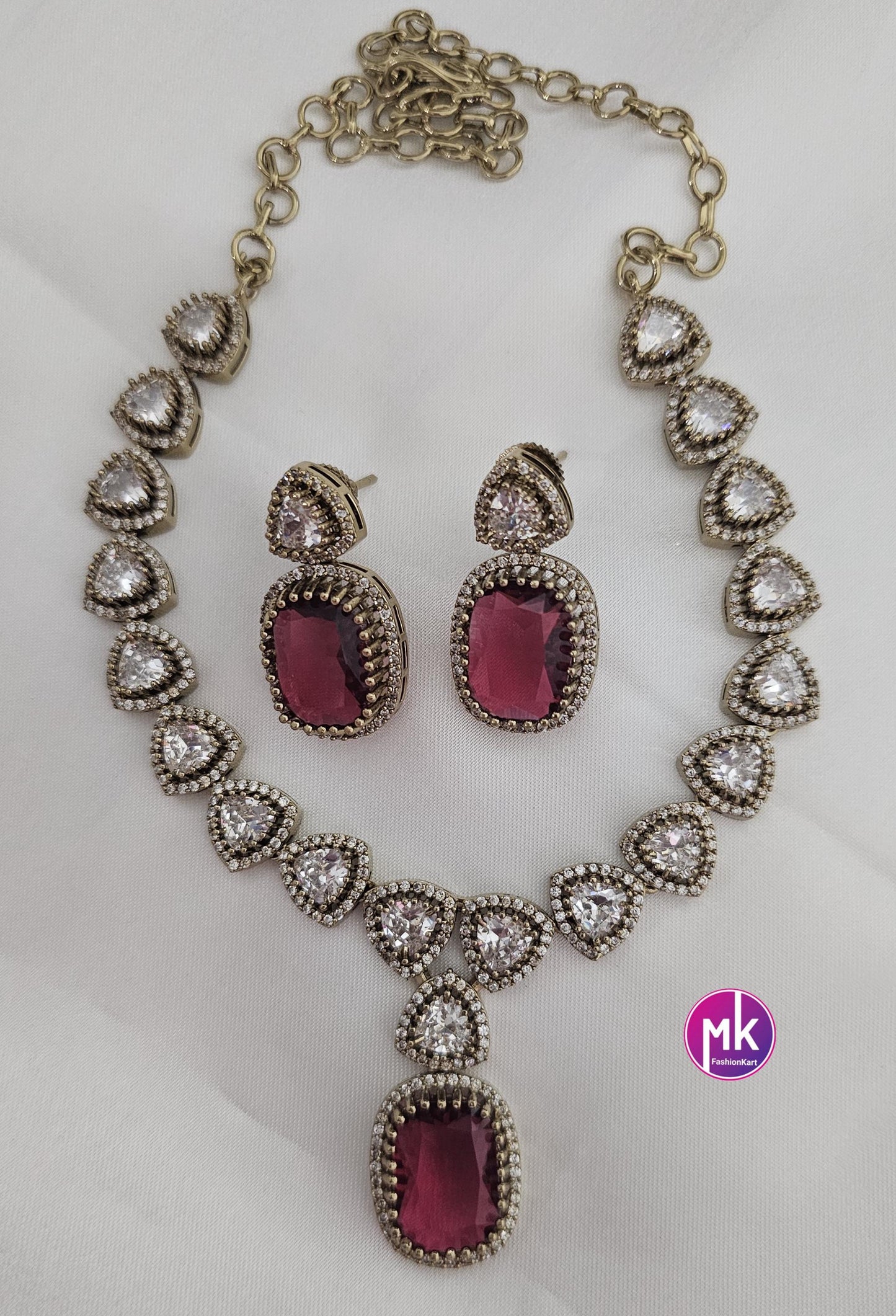 Celebrity Style Red wine color AD stone, CZ stone Necklace w matching Earrings - Adult cum Teen Necklace - Fashion Jewelry - MK Fashionkart