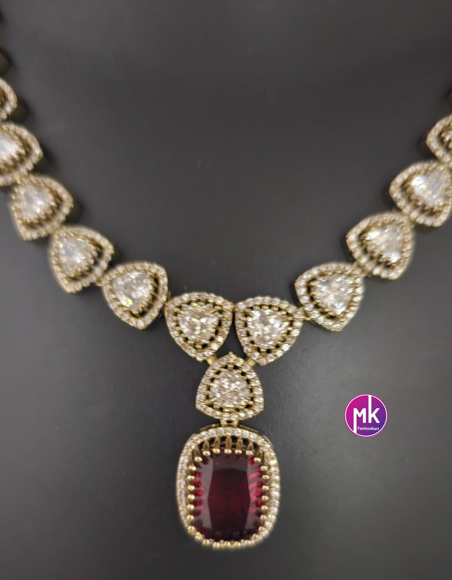 Celebrity Style Red wine color AD stone, CZ stone Necklace w matching Earrings - Adult cum Teen Necklace - Fashion Jewelry - MK Fashionkart