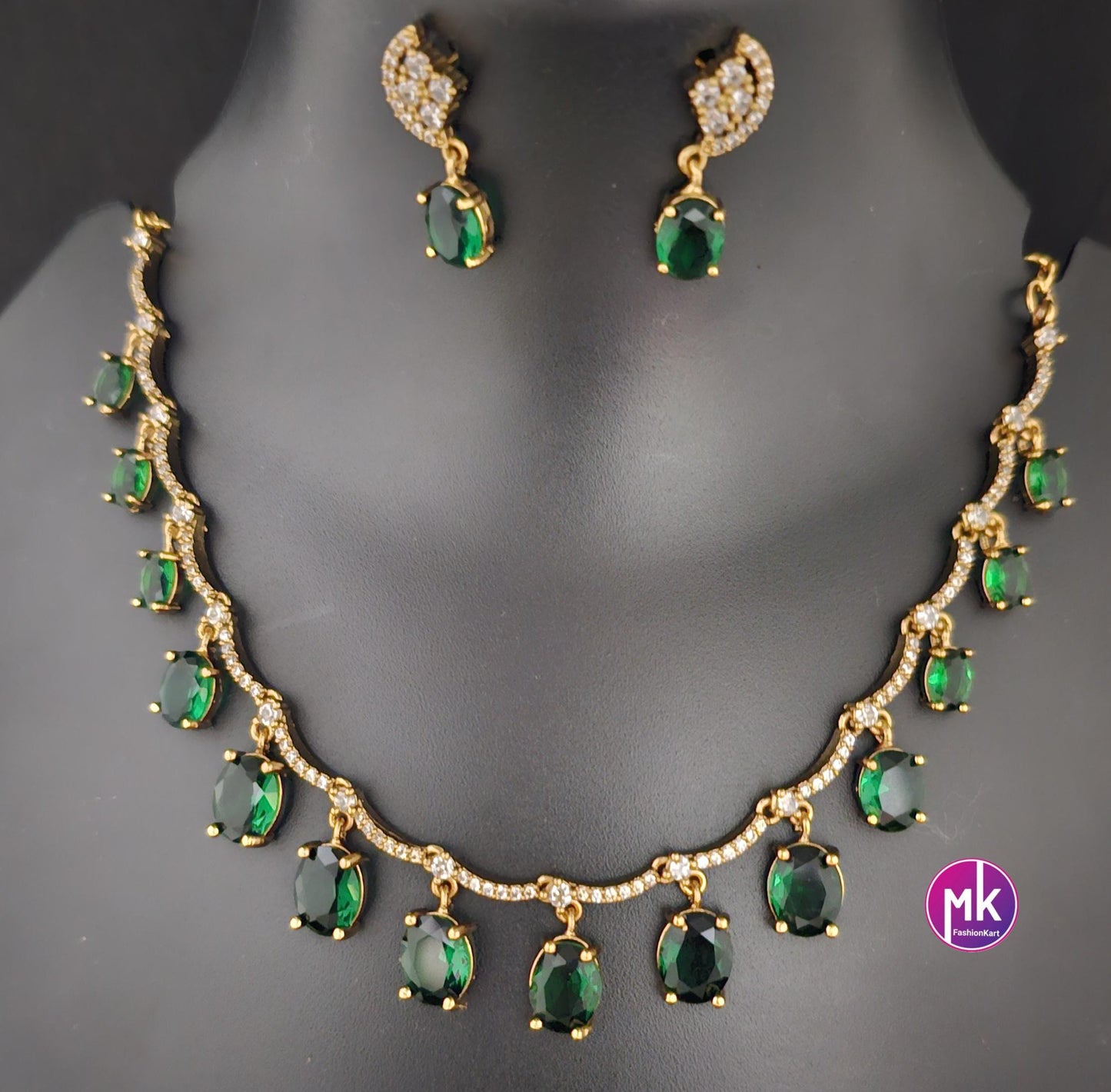 Elegant style beautiful celebrity style AD and CZ stone necklace with matching Earrings - Adult cum Teen Necklace - MK Fashionkart