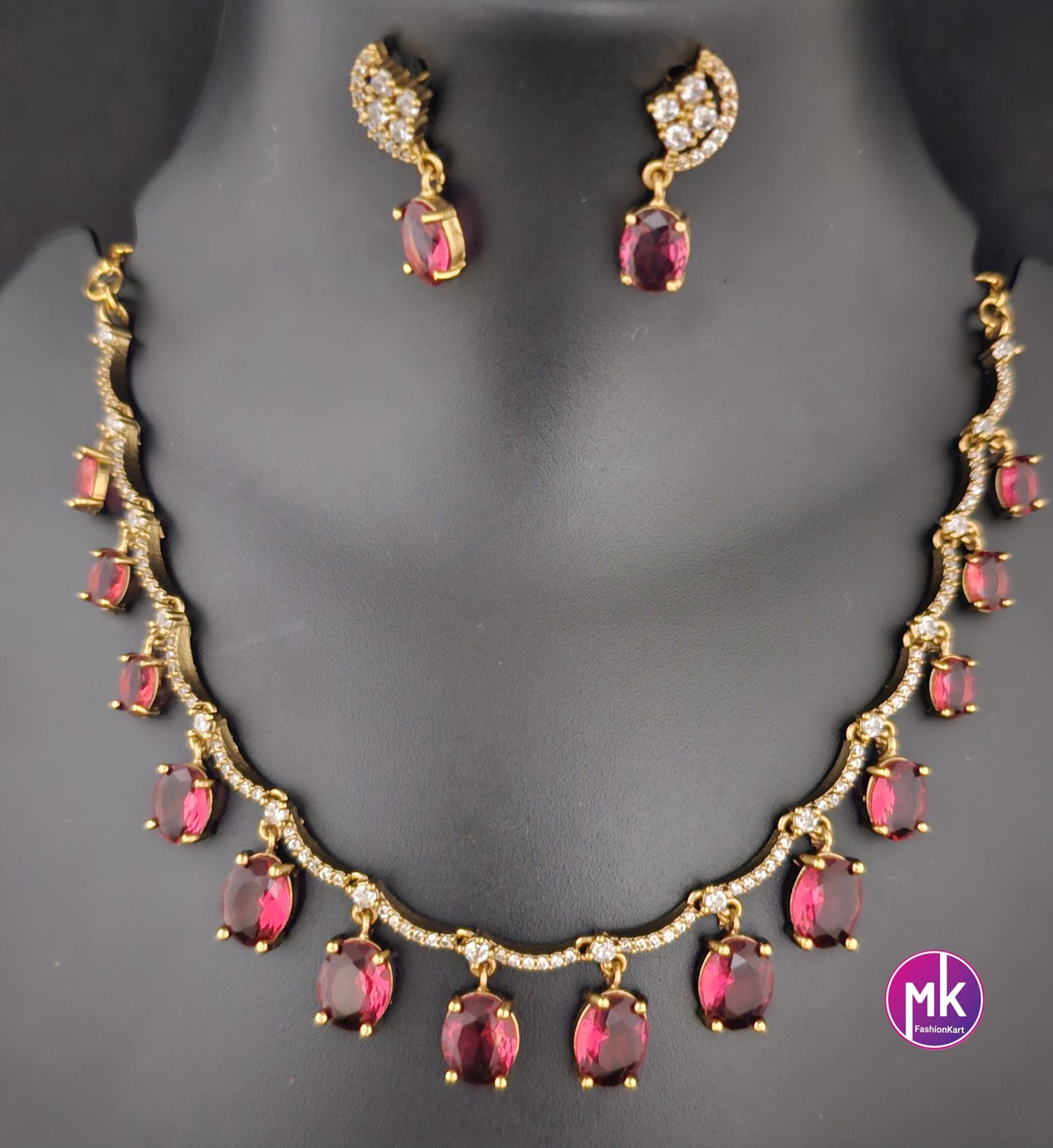 Elegant style beautiful celebrity style AD and CZ stone necklace with matching Earrings - Adult cum Teen Necklace - MK Fashionkart