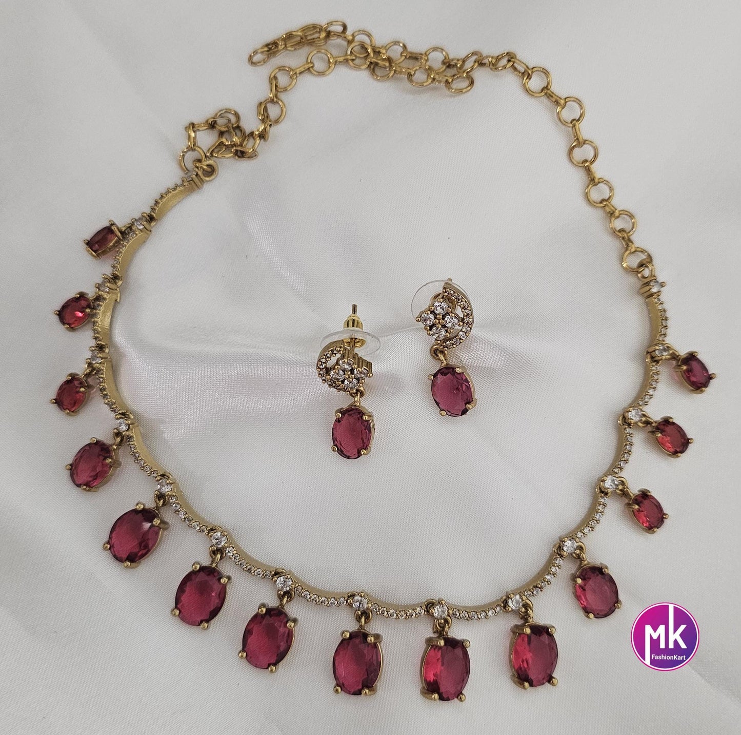 Elegant style beautiful celebrity style AD and CZ stone necklace with matching Earrings - Adult cum Teen Necklace - MK Fashionkart