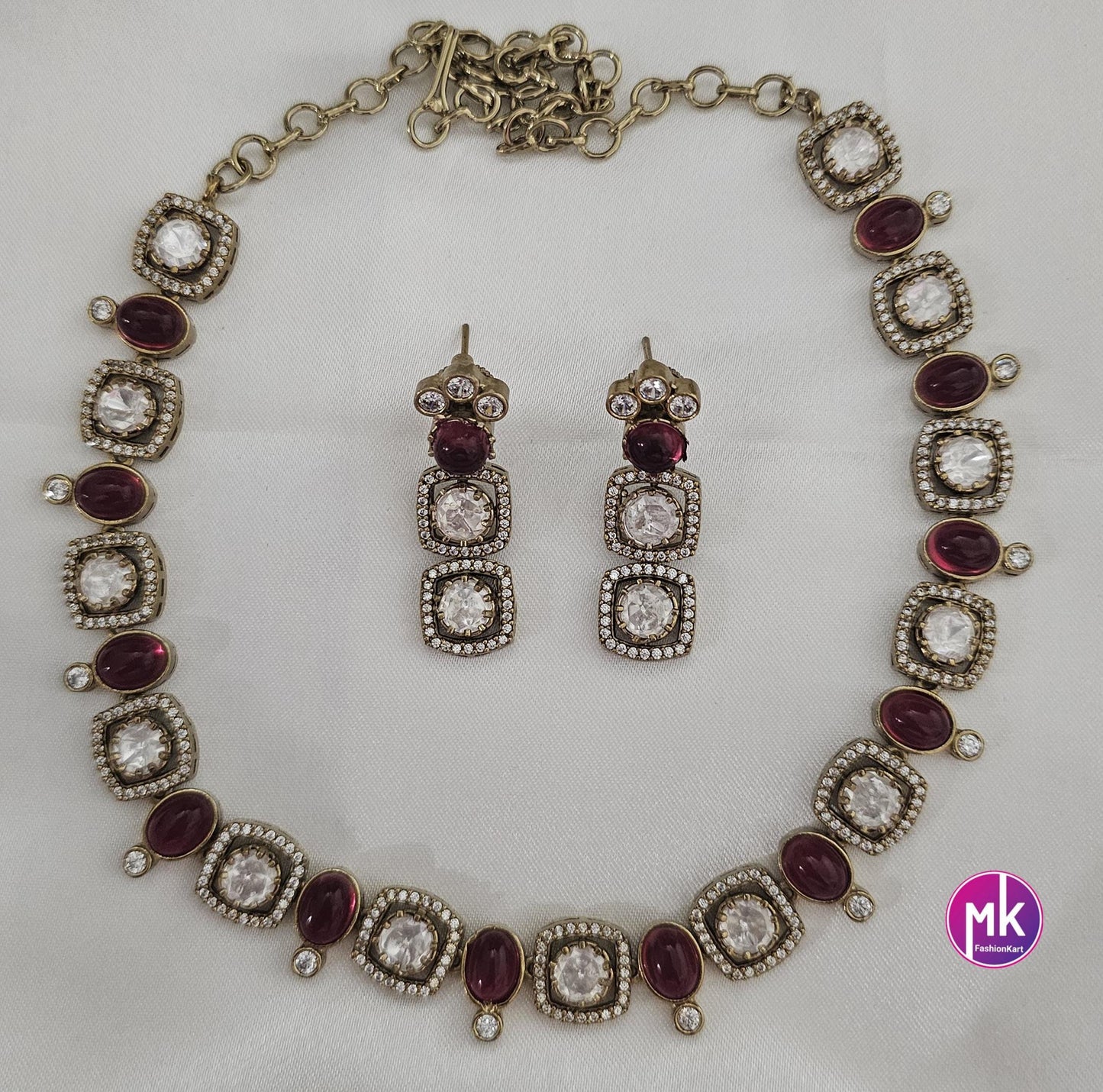 Celebrity Style Red wine and white color AD stone, CZ stone Necklace w matching Earrings - Adult cum Teen - Fashion Jewelry - MK Fashionkart