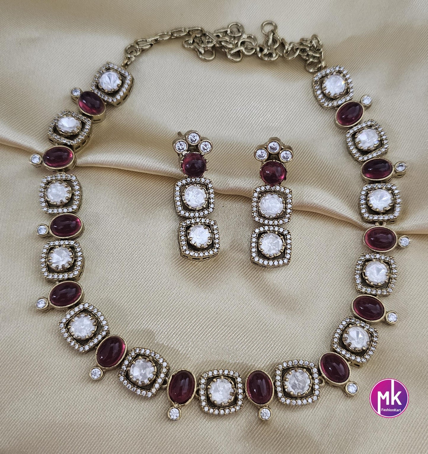 Celebrity Style Red wine and white color AD stone, CZ stone Necklace w matching Earrings - Adult cum Teen - Fashion Jewelry - MK Fashionkart