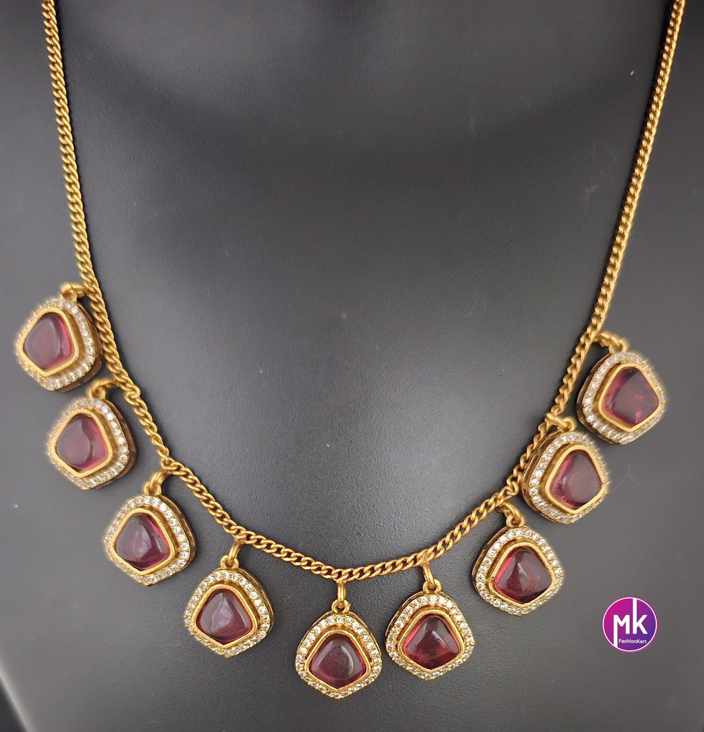Gold finish Simple partywear AD and CZ stone necklace with matching Earrings - Adult cum Teen Necklace - Fashion Jewelry - MK Fashionkart