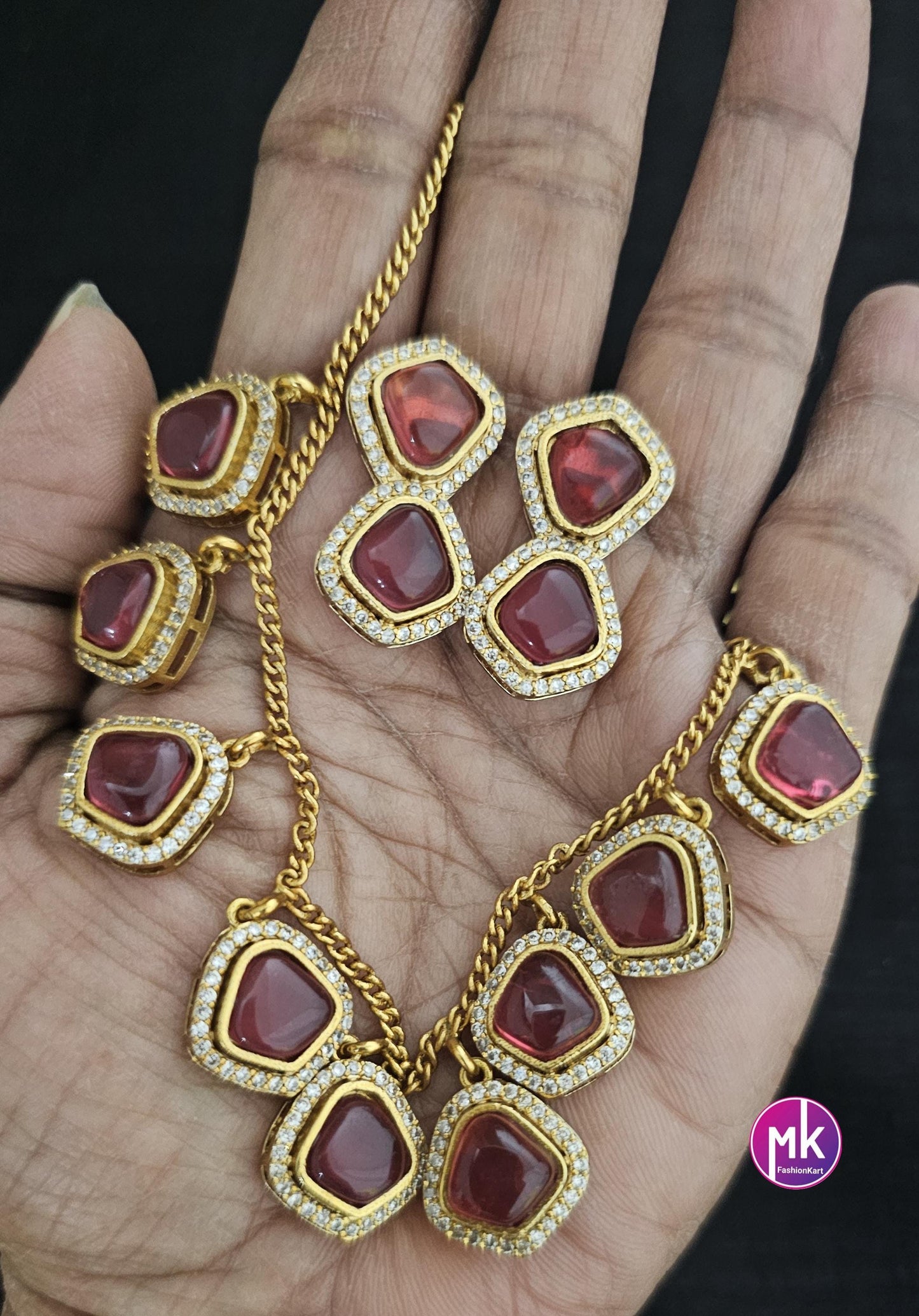 Gold finish Simple partywear AD and CZ stone necklace with matching Earrings - Adult cum Teen Necklace - Fashion Jewelry - MK Fashionkart