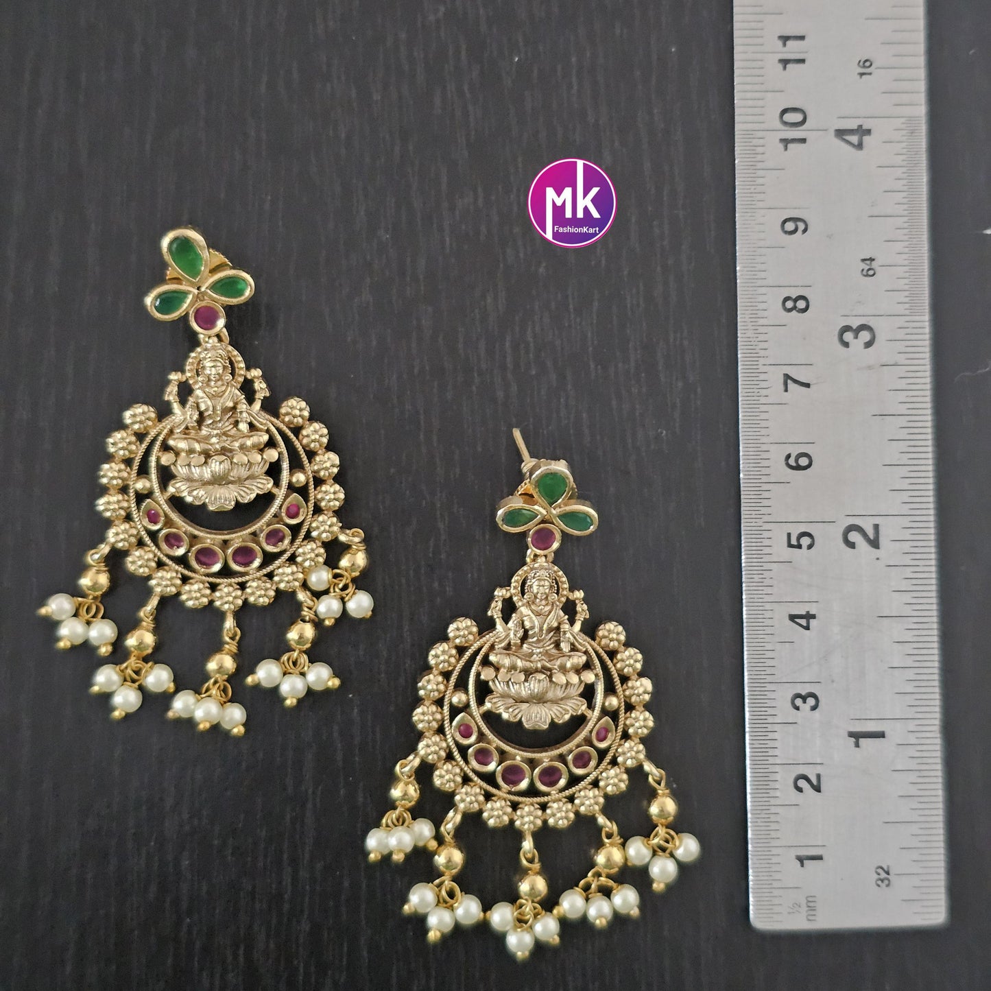 Lakshmi Premium Quality matte gold finish Kemp stones Earrings with hanging pearls - MK Fashionkart - Fashion Jewelry