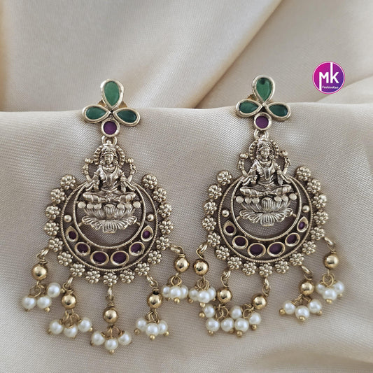 Lakshmi Premium Quality matte gold finish Kemp stones Earrings with hanging pearls - MK Fashionkart - Fashion Jewelry