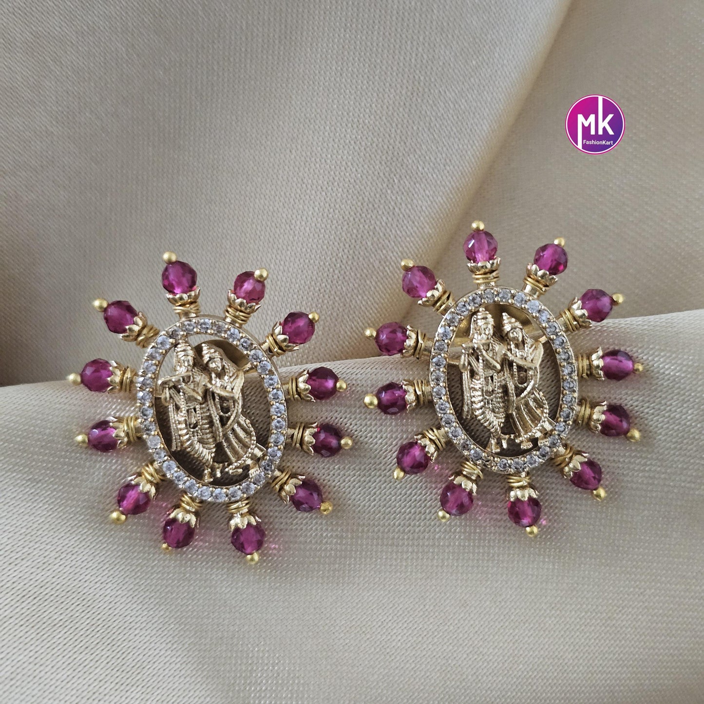 Radha Krishna Gold finish AD stone Earrings with Crystals - Partywear Earrings - MK Fashionkart - Fashion Jewelry
