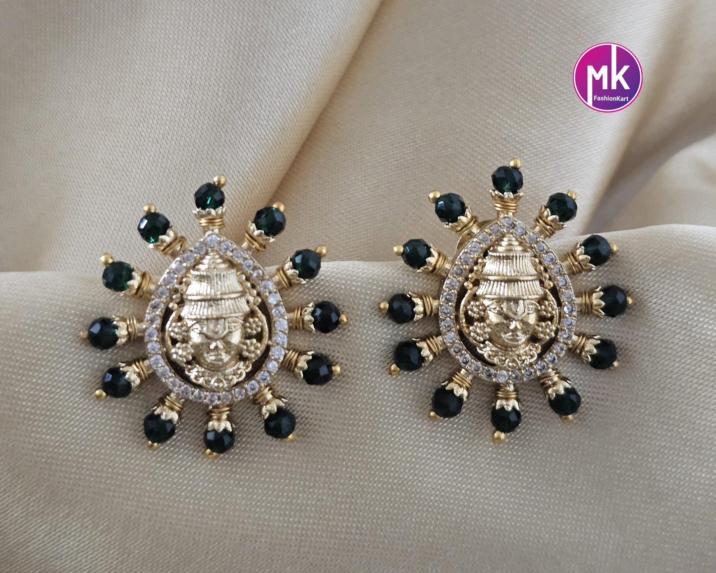 God Tirupathi Gold finish AD stone Earrings with Pearls, Crystals - Partywear Earrings - MK Fashionkart - Fashion Jewelry