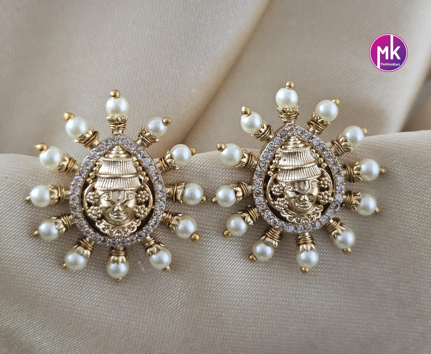 God Tirupathi Gold finish AD stone Earrings with Pearls, Crystals - Partywear Earrings - MK Fashionkart - Fashion Jewelry