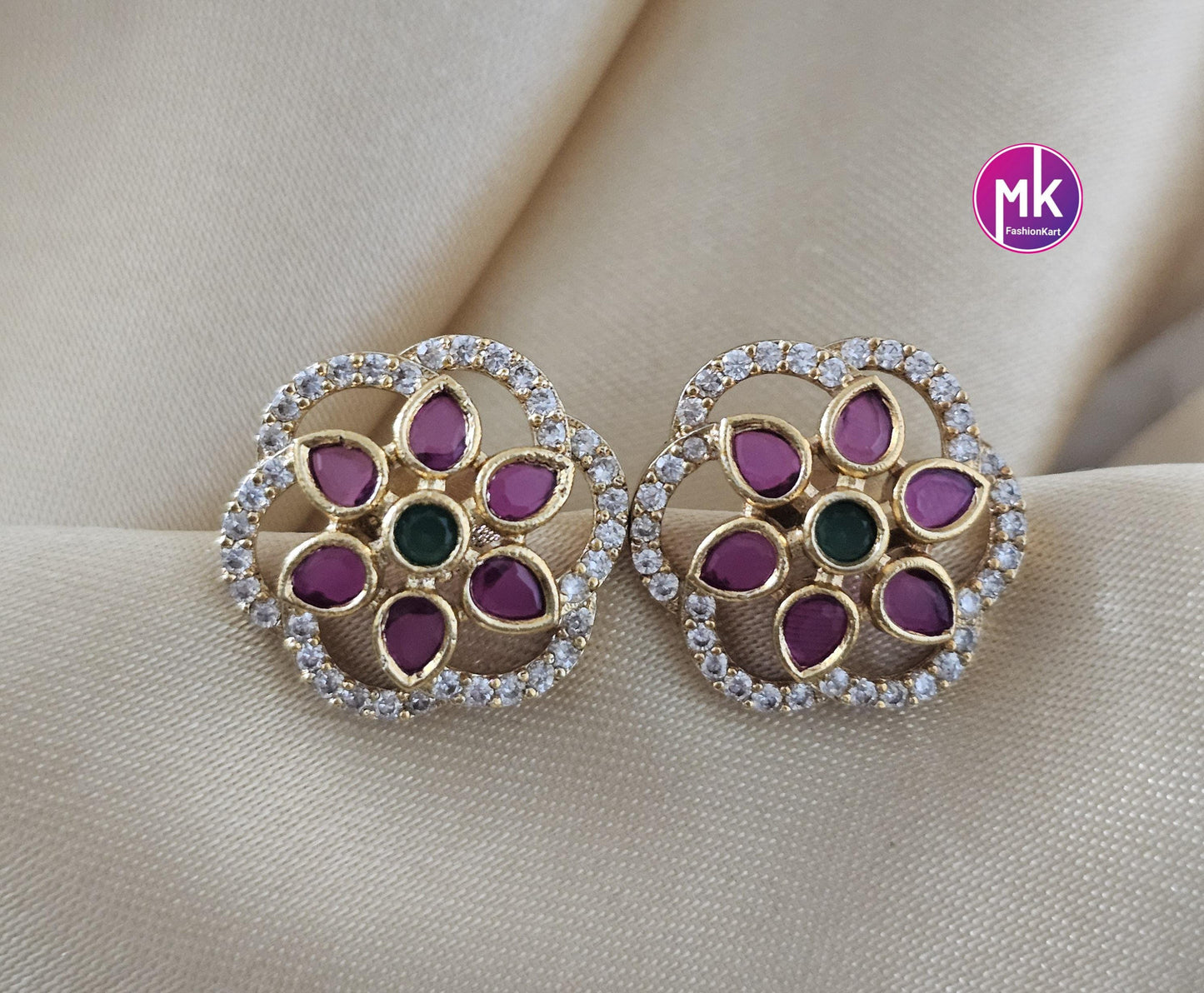 Gold finish Flower design Kemp and AD stones Earrings - Partywear Earrings - MK Fashionkart - Fashion Jewelry