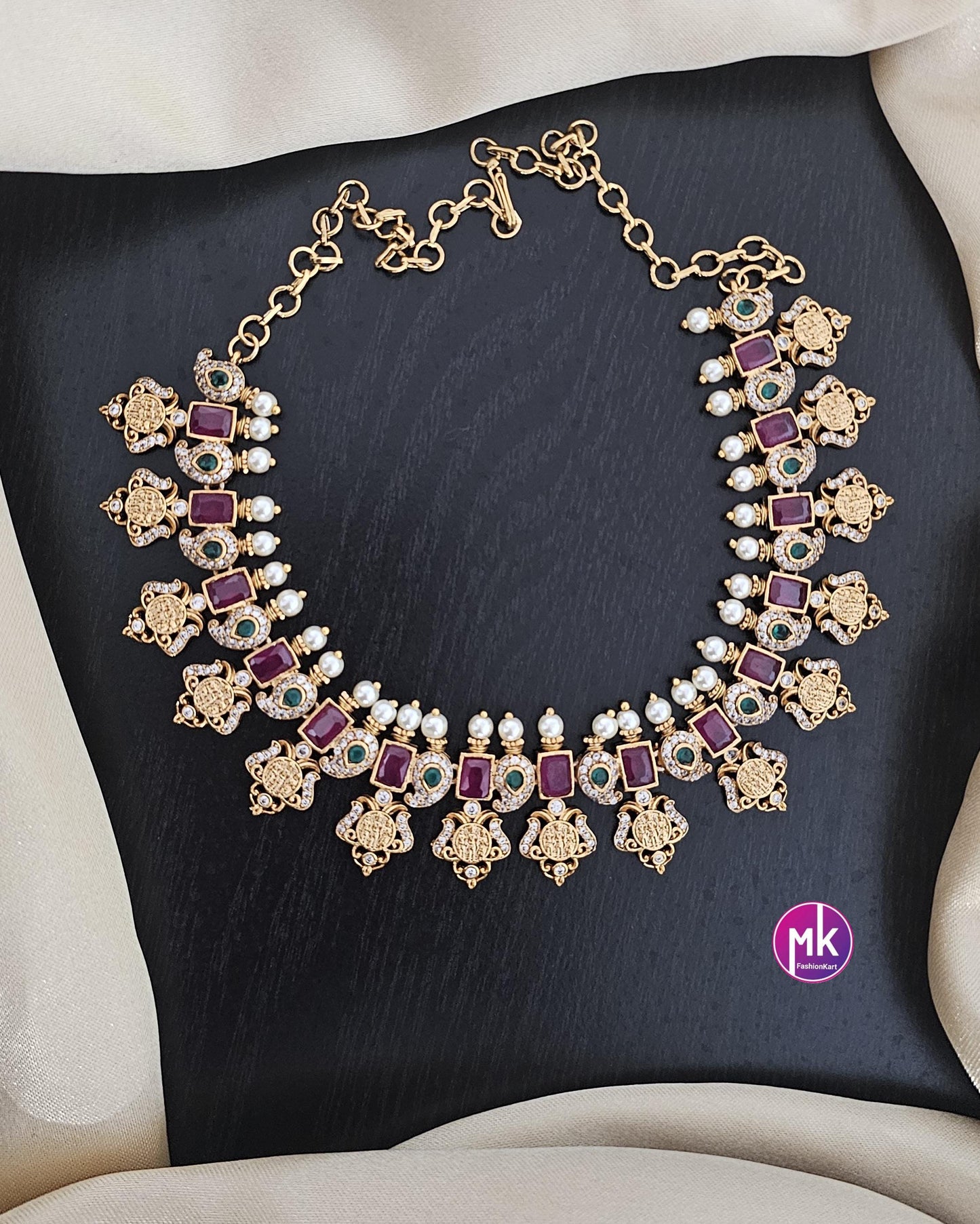 Ramparivar Matte gold finish AD stone and pearl big necklace with matching Jhumka- Bridal Necklace - Gold Replica - MK Fashionkart