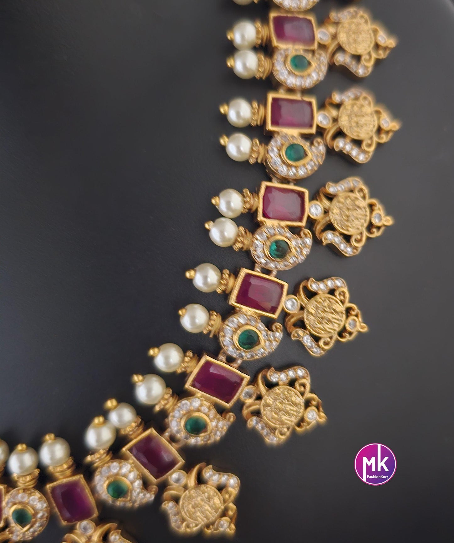 Ramparivar Matte gold finish AD stone and pearl big necklace with matching Jhumka- Bridal Necklace - Gold Replica - MK Fashionkart