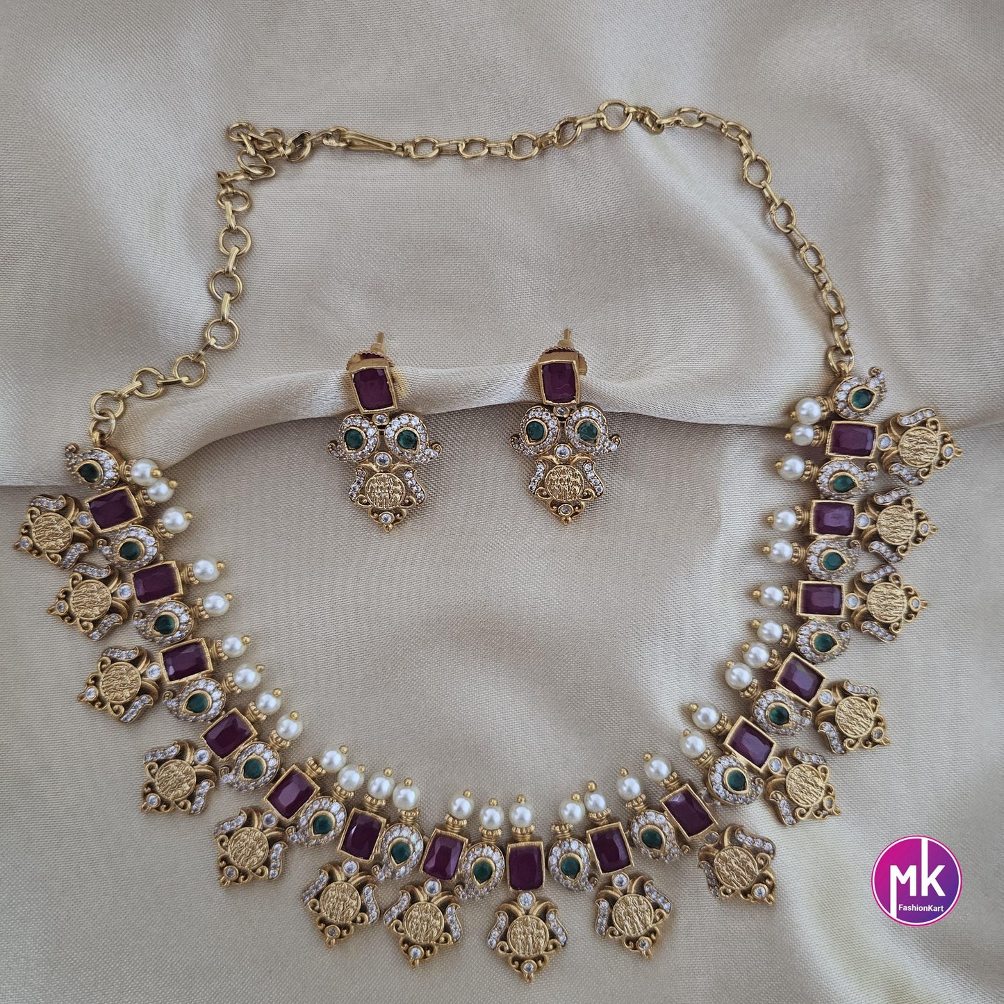 Ramparivar Matte gold finish AD stone and pearl big necklace with matching Jhumka- Bridal Necklace - Gold Replica - MK Fashionkart