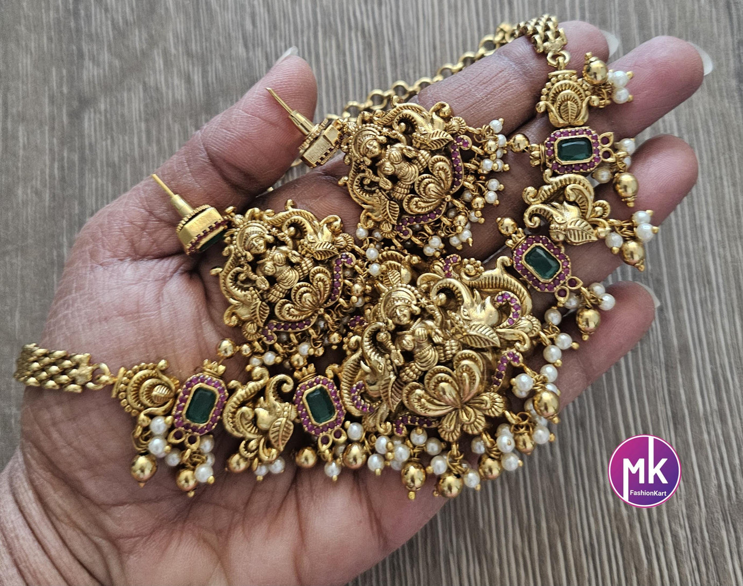 Lakshmi Matte gold finish AD stone big Choker cum Necklace necklace with matching Earrings - Bridal Necklace - Gold Replica - MK Fashionkart