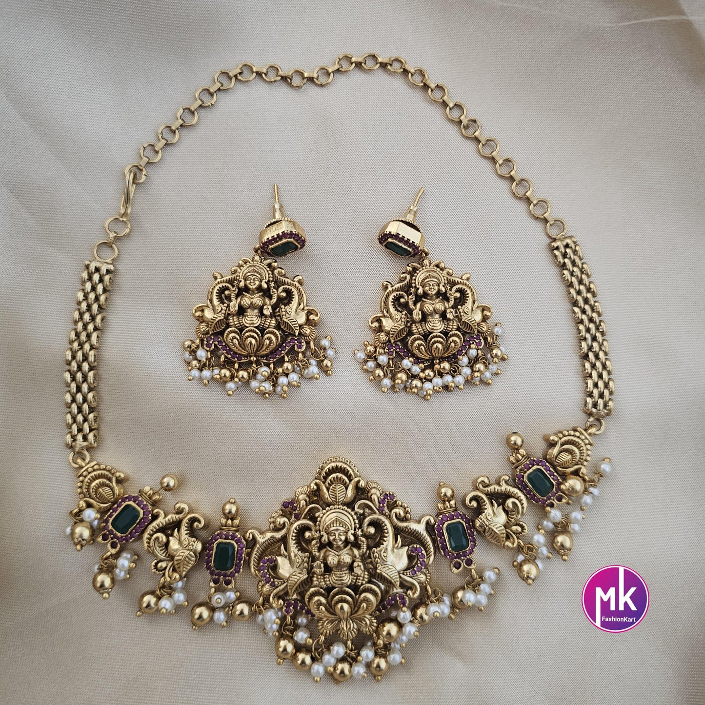Lakshmi Matte gold finish AD stone big Choker cum Necklace necklace with matching Earrings - Bridal Necklace - Gold Replica - MK Fashionkart
