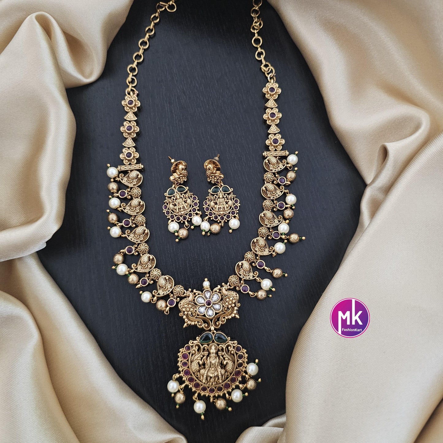 Lakshmi peacock design Premium Quality Matte gold finish Necklace w matching Earrings - Bridal Haram - Gold Jewelry Replica - MK Fashionkart