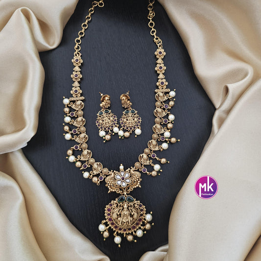 Lakshmi peacock design Premium Quality Matte gold finish Necklace w matching Earrings - Bridal Haram - Gold Jewelry Replica - MK Fashionkart
