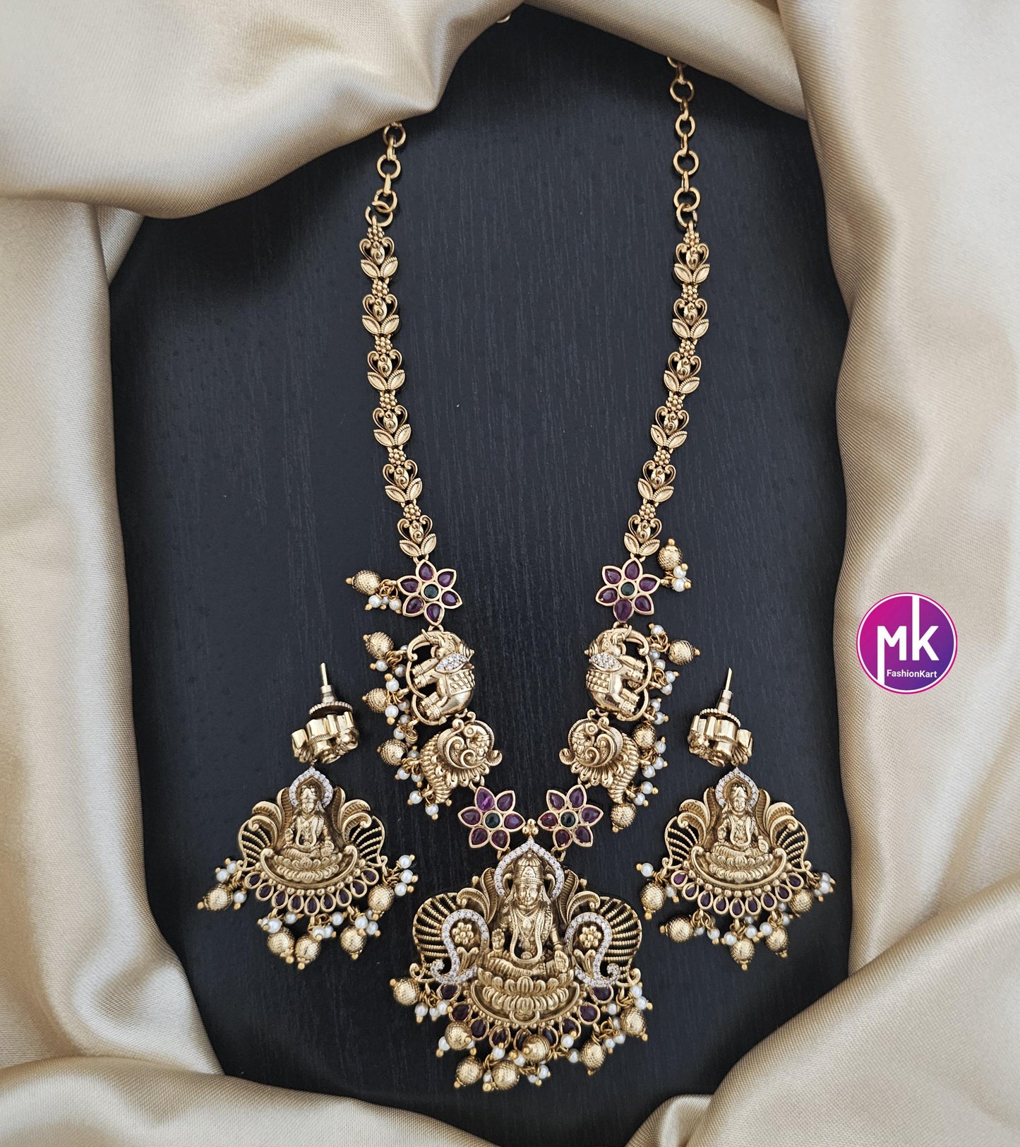 Lakshmi peacock elephant design Premium Matte gold finish Necklace w matching Earrings - Bridal Haram - Gold Replica - MK Fashionkart