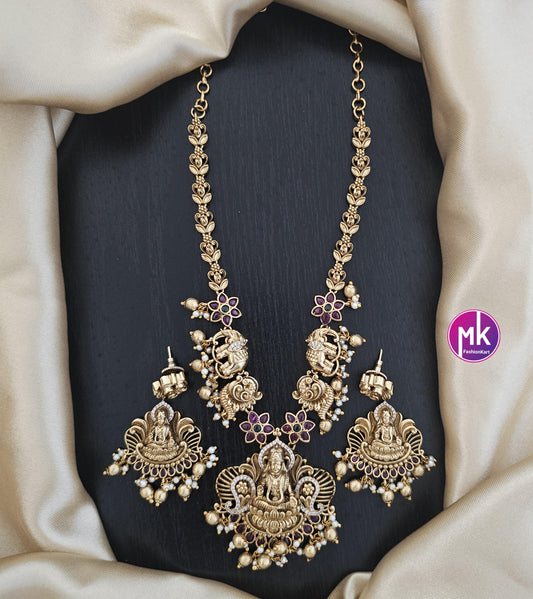 Lakshmi peacock elephant design Premium Matte gold finish Necklace w matching Earrings - Bridal Haram - Gold Replica - MK Fashionkart