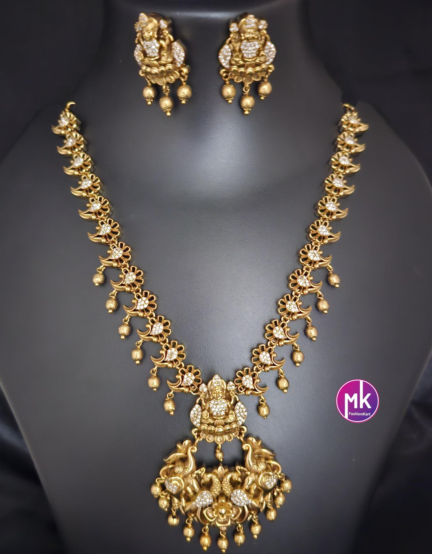 Gaja Lakshmi design Premium Quality Matte gold finish Necklace w matching Earrings - Bridal Haram - Gold Jewelry Replica - MK Fashionkart
