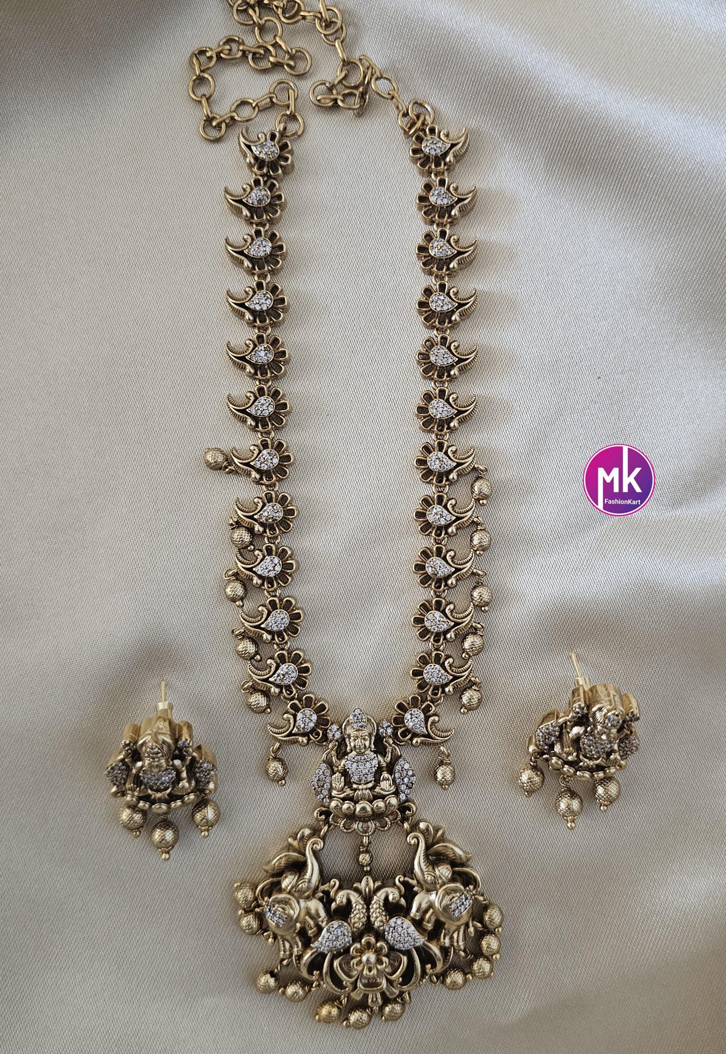 Gaja Lakshmi design Premium Quality Matte gold finish Necklace w matching Earrings - Bridal Haram - Gold Jewelry Replica - MK Fashionkart