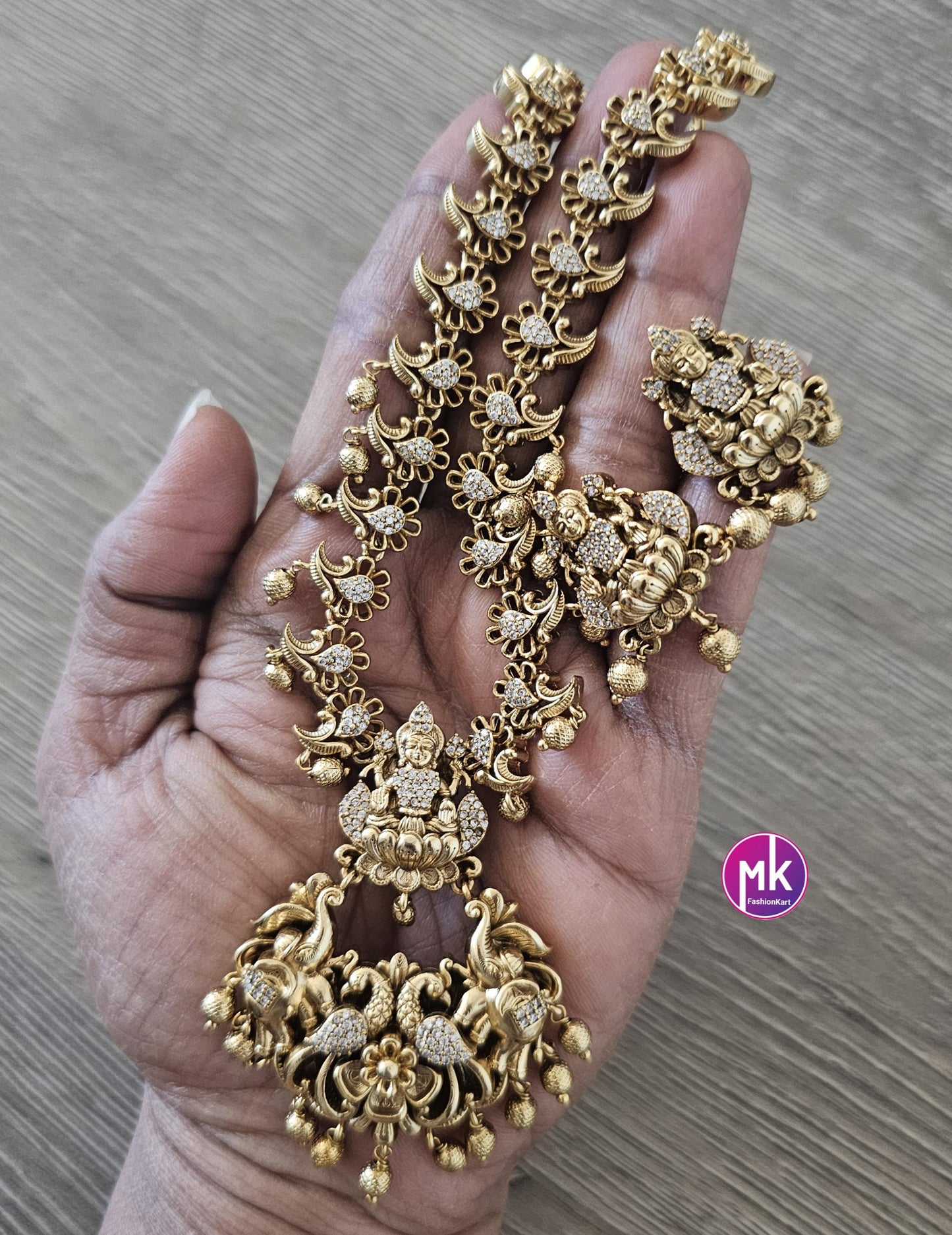 Gaja Lakshmi design Premium Quality Matte gold finish Necklace w matching Earrings - Bridal Haram - Gold Jewelry Replica - MK Fashionkart