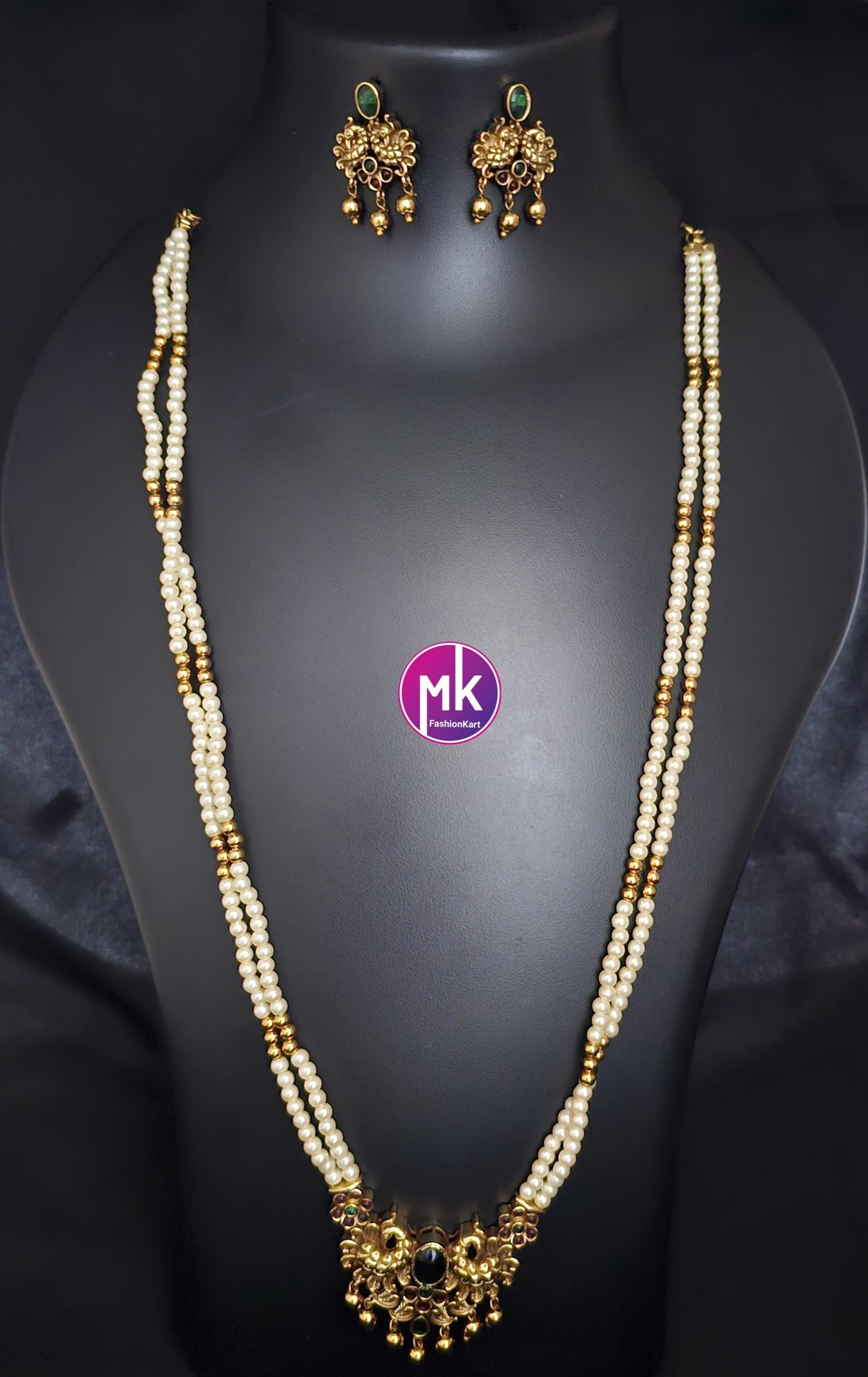 Peacock Matte gold finish Pendent with long Mala with cute Earrings - Fashion Jewelry - MK Fashionkart