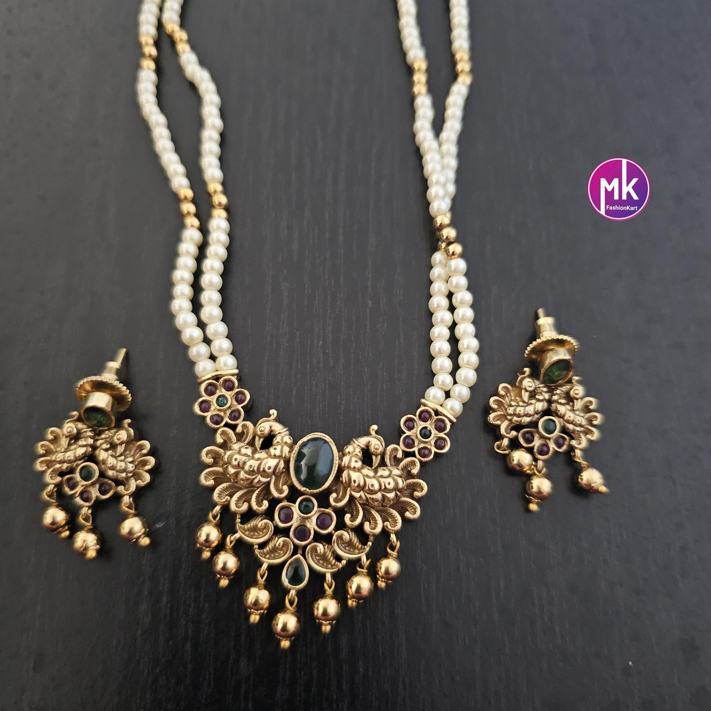 Peacock Matte gold finish Pendent with long Mala with cute Earrings - Fashion Jewelry - MK Fashionkart