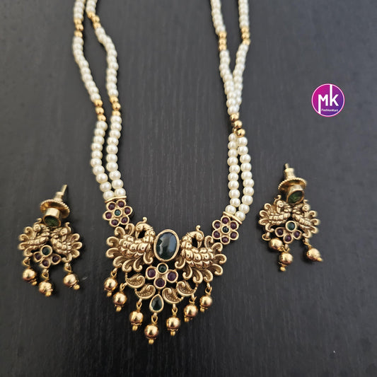 Peacock Matte gold finish Pendent with long Mala with cute Earrings - Fashion Jewelry - MK Fashionkart
