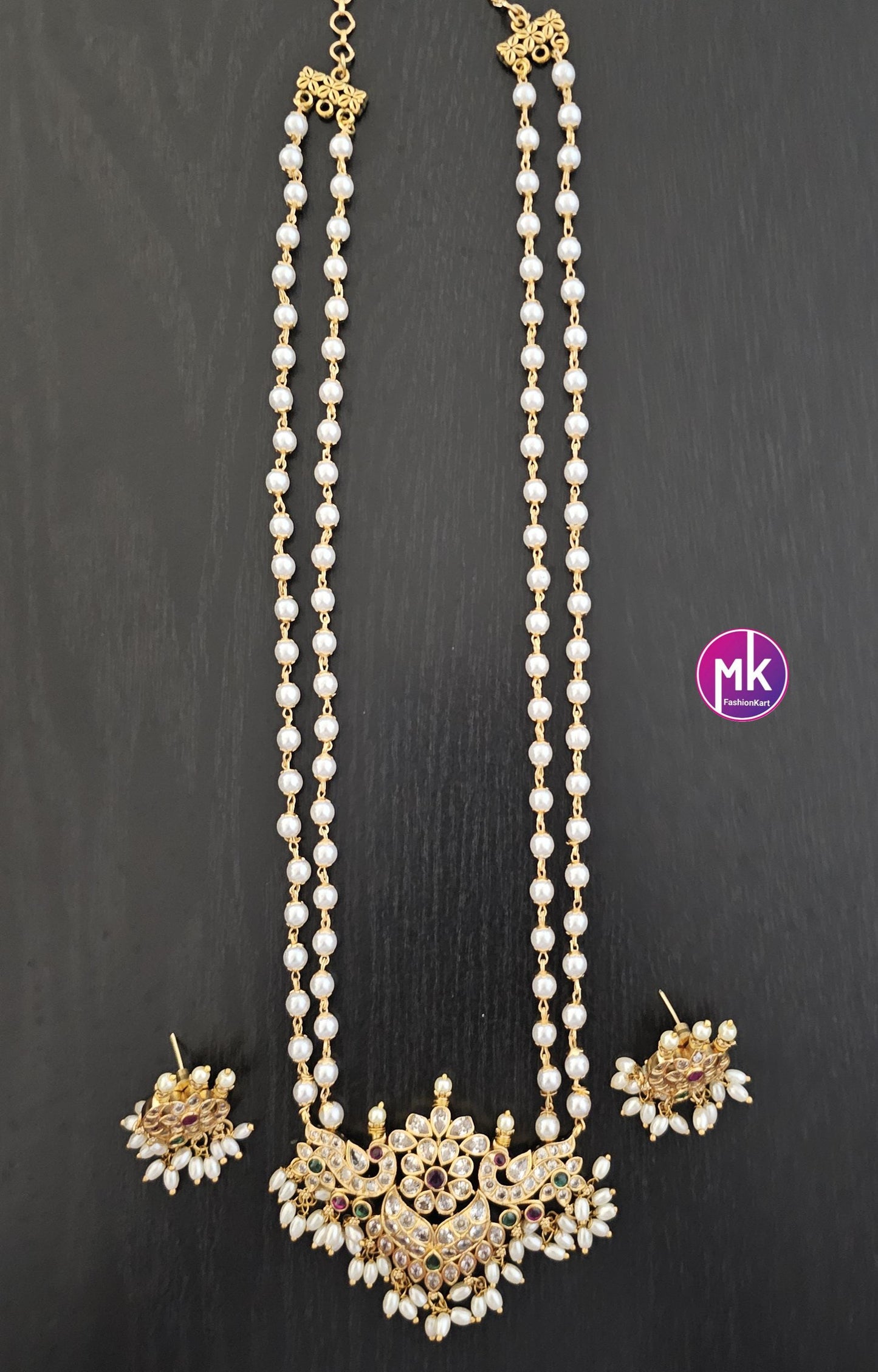Peacock Flower design Matte gold finish and Kemp stones Pendent with long Mala with matching Earrings - Fashion Jewelry - MK Fashionkart