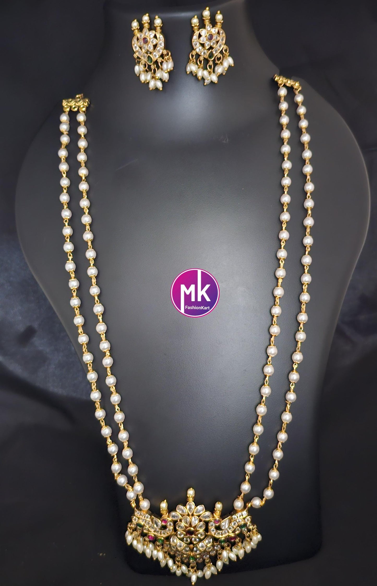 Peacock Flower design Matte gold finish and Kemp stones Pendent with long Mala with matching Earrings - Fashion Jewelry - MK Fashionkart