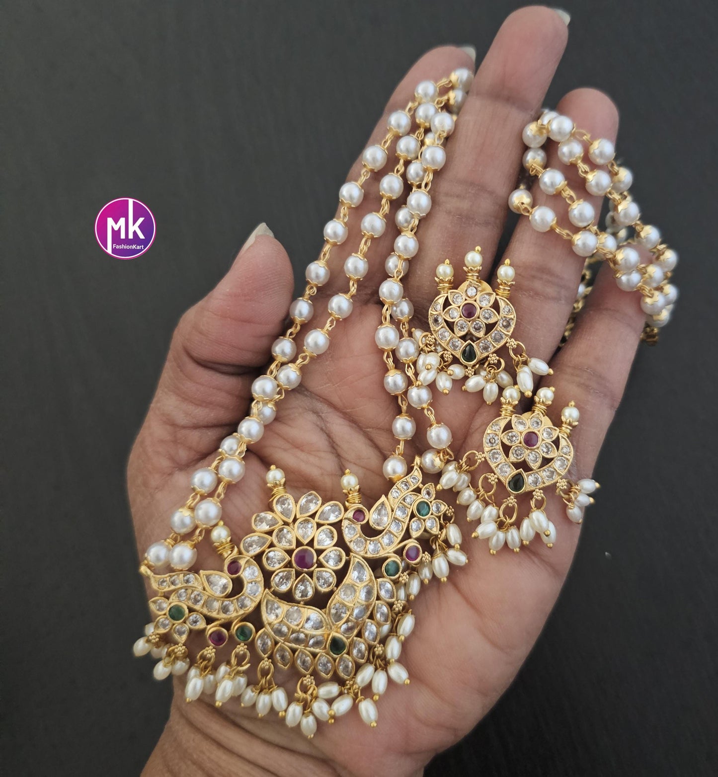 Peacock Flower design Matte gold finish and Kemp stones Pendent with long Mala with matching Earrings - Fashion Jewelry - MK Fashionkart