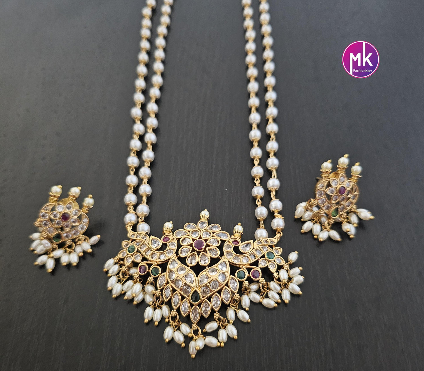 Peacock Flower design Matte gold finish and Kemp stones Pendent with long Mala with matching Earrings - Fashion Jewelry - MK Fashionkart