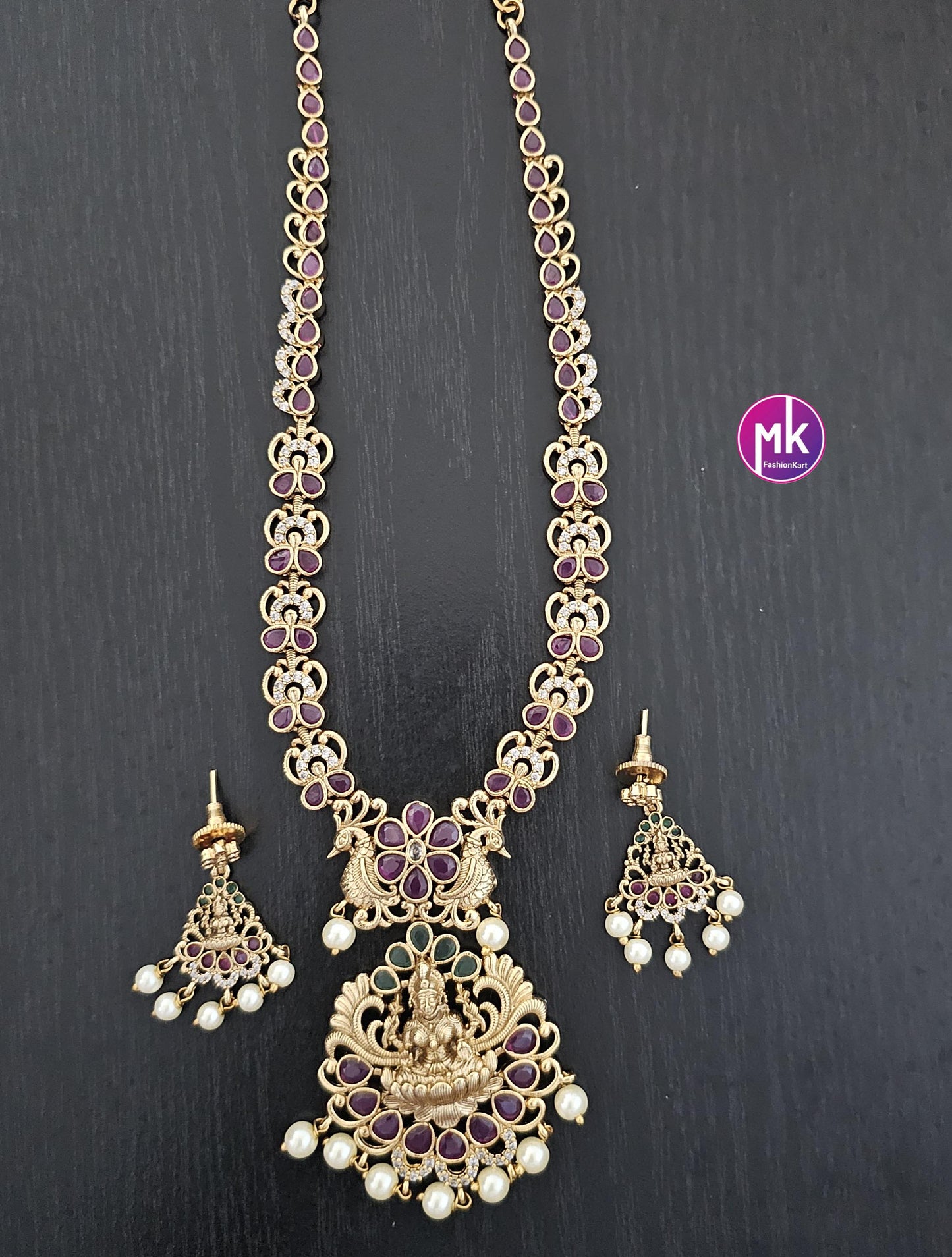 Lakshmi Peacock design Premium Quality Matte gold finish and Kemp/CZ stone Necklace w matching cute Earrings - Bridal Haram - MK Fashionkart