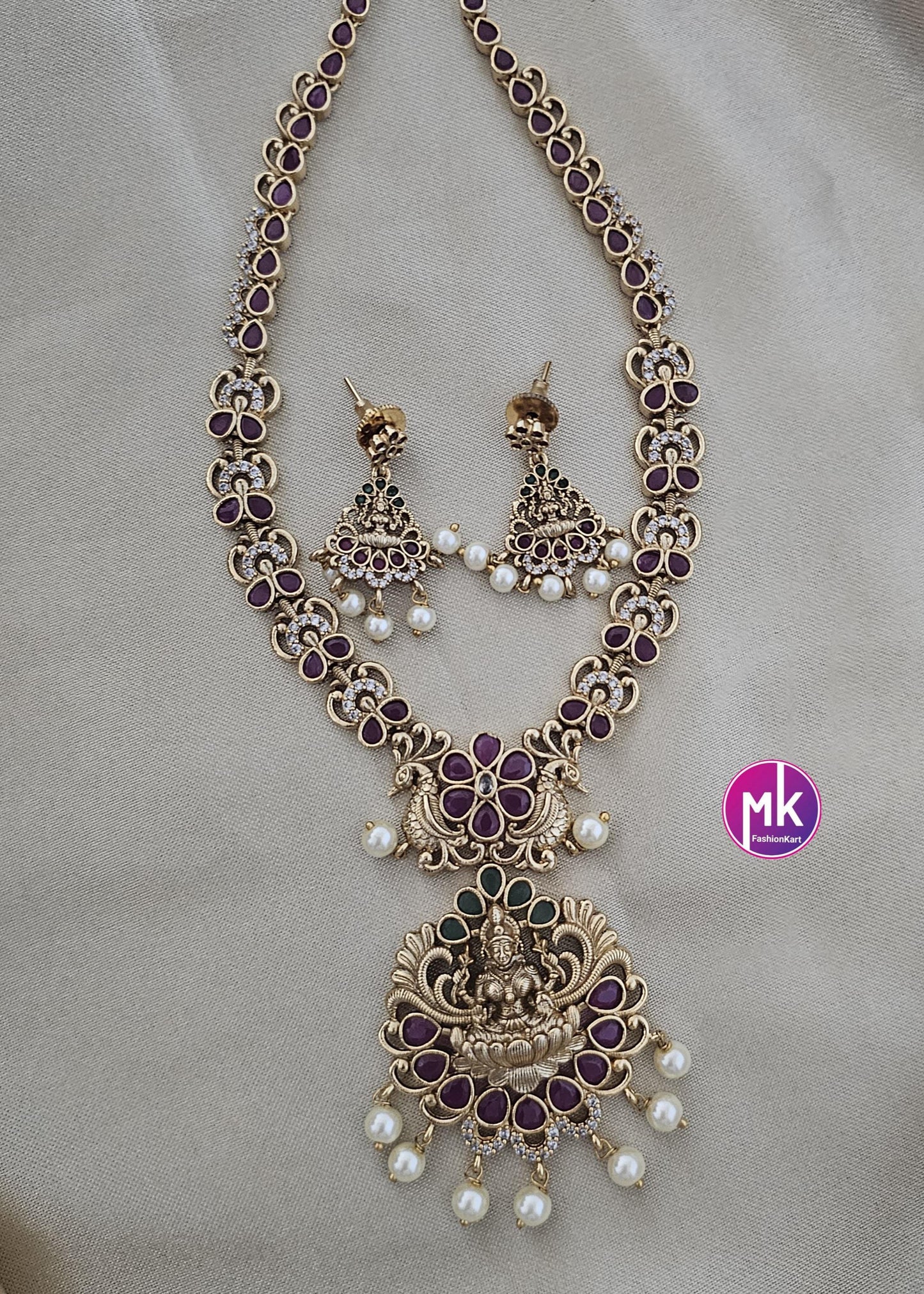 Lakshmi Peacock design Premium Quality Matte gold finish and Kemp/CZ stone Necklace w matching cute Earrings - Bridal Haram - MK Fashionkart