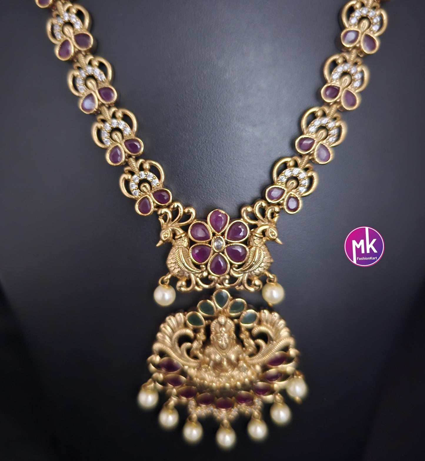 Lakshmi Peacock design Premium Quality Matte gold finish and Kemp/CZ stone Necklace w matching cute Earrings - Bridal Haram - MK Fashionkart