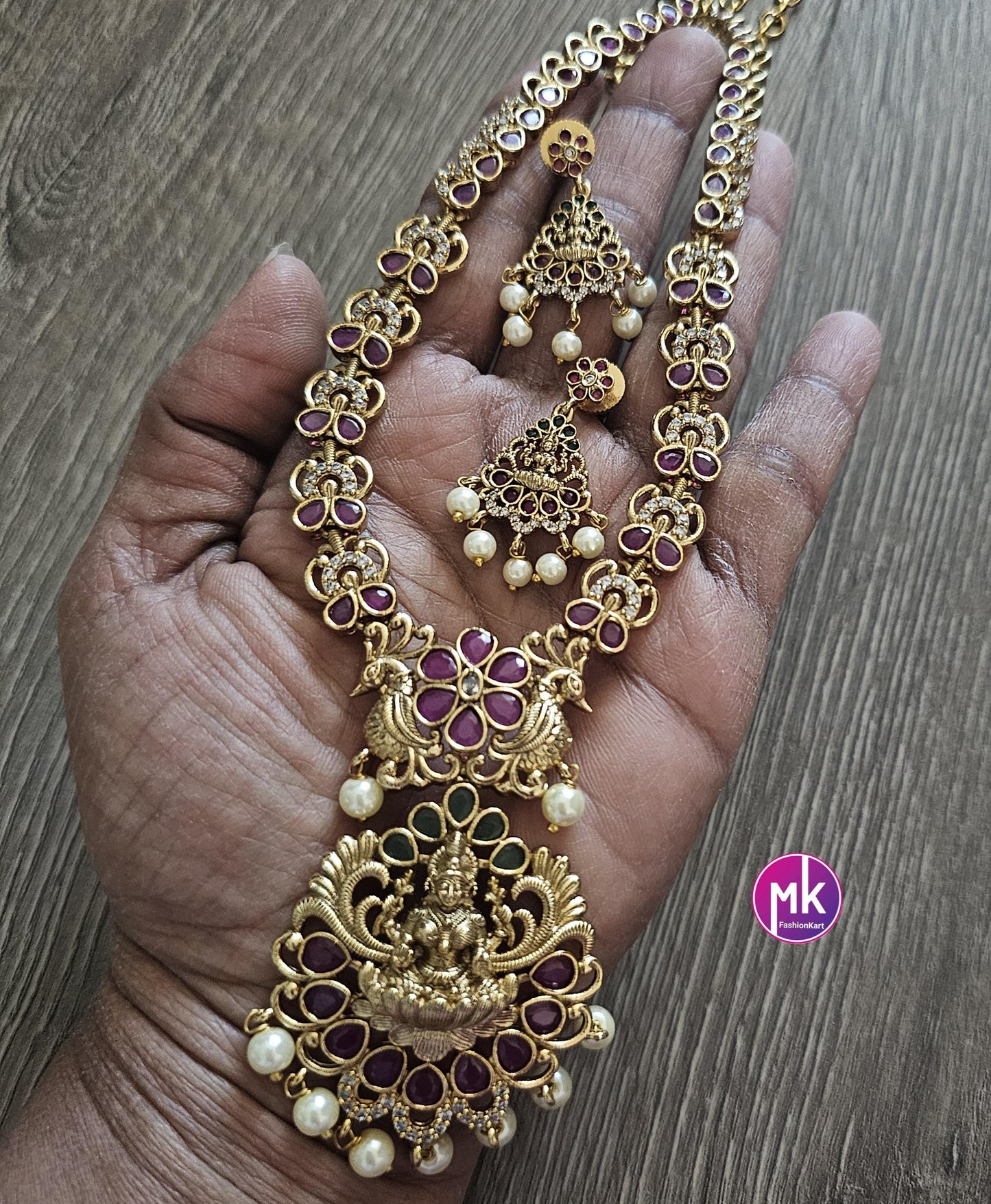 Lakshmi Peacock design Premium Quality Matte gold finish and Kemp/CZ stone Necklace w matching cute Earrings - Bridal Haram - MK Fashionkart