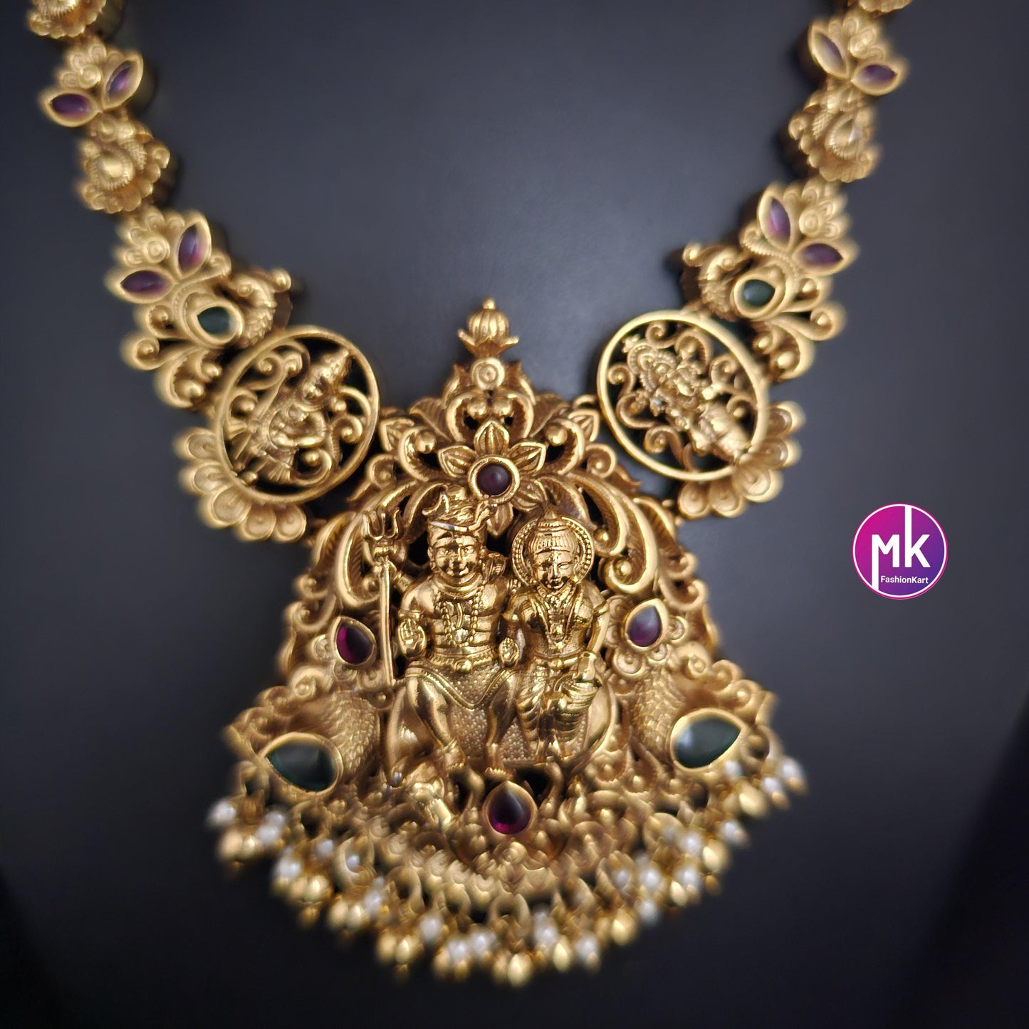 Shivparivar Matte gold finish Kemp stone big bridal necklace with matching big Earrings - Bridal Necklace - Gold Replica - MK Fashionkart