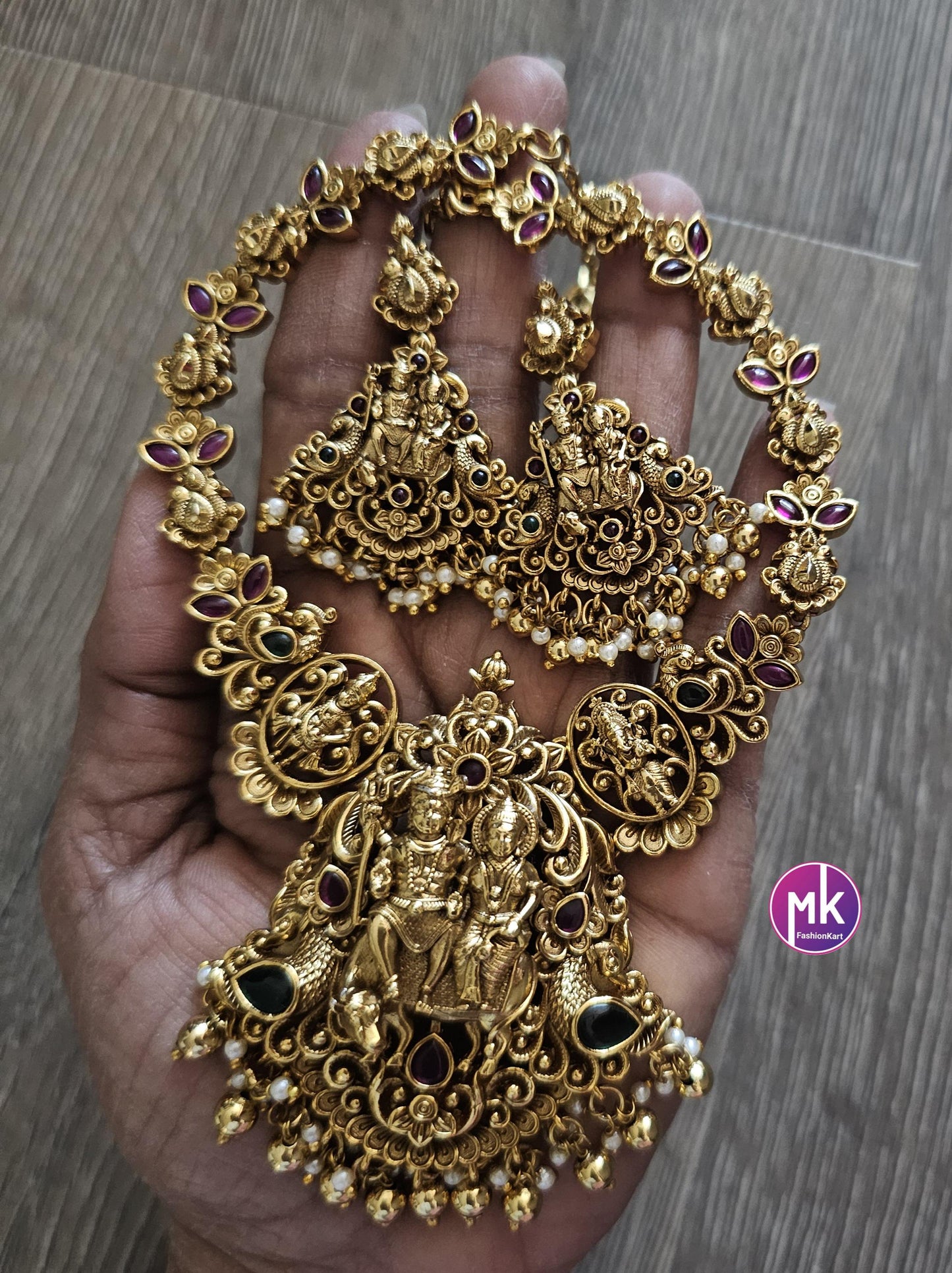 Shivparivar Matte gold finish Kemp stone big bridal necklace with matching big Earrings - Bridal Necklace - Gold Replica - MK Fashionkart