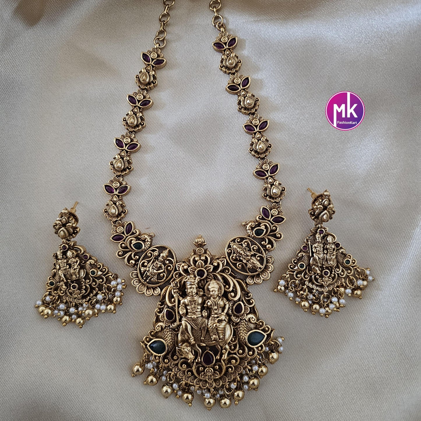Shivparivar Matte gold finish Kemp stone big bridal necklace with matching big Earrings - Bridal Necklace - Gold Replica - MK Fashionkart